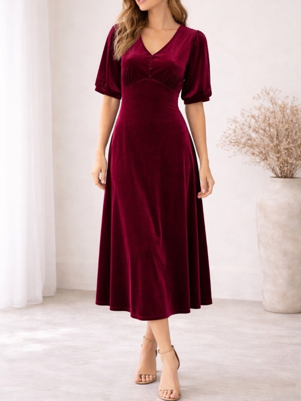 Briggs New York Burgundy Velvet Midi Dress Empire Waist Holiday Dark Red